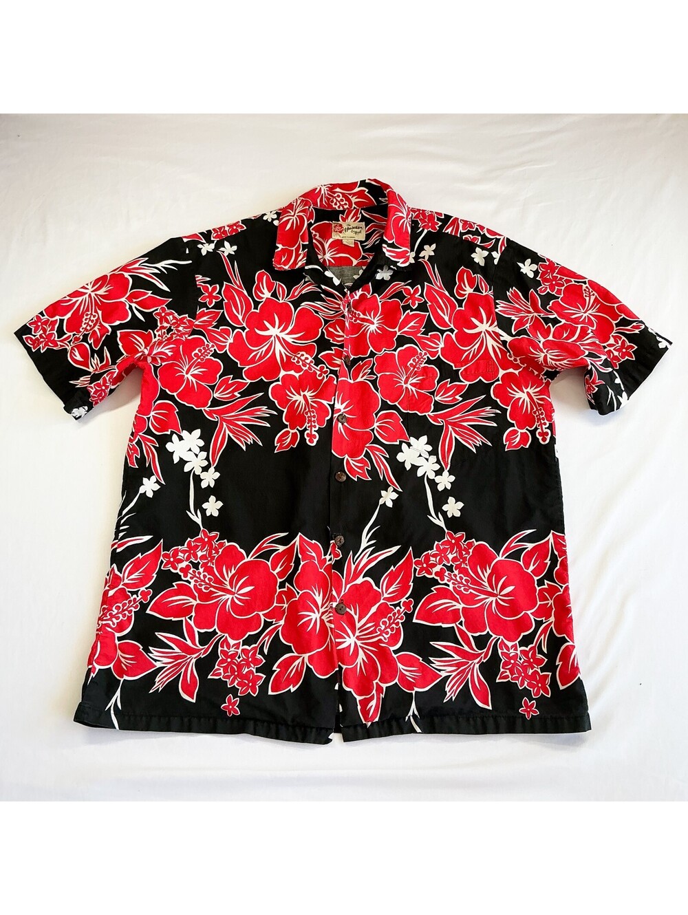 Hilo Hattie The Hawaiian Original Black Red Floral Print Hawaiian Tiki Shirt XL
